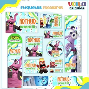 Cartela de adesivos escolares no tema Divertidamente nos formatos Studio, PNG e PDF em alta resolução com as emoções.