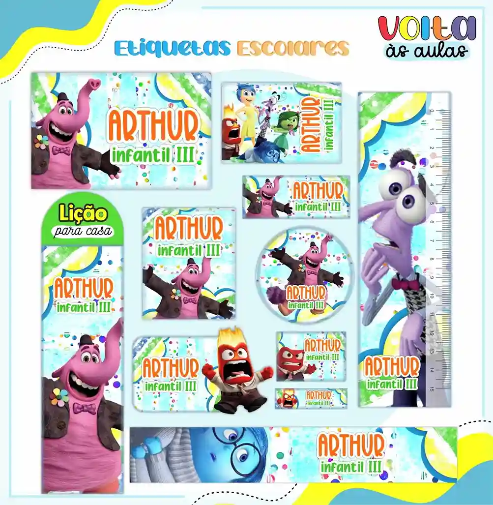 Cartela de adesivos escolares no tema Divertidamente nos formatos Studio, PNG e PDF em alta resolução com as emoções.