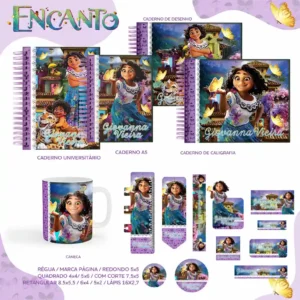 Cartela de adesivos escolares no tema Encanto Disney nos formatos PNG e PDF em alta resolução com a família Madrigal.