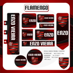 Kit de adesivos escolares do Flamengo nos formatos Studio, PNG, CDR e PDF em alta resolução com escudo e elementos do time.