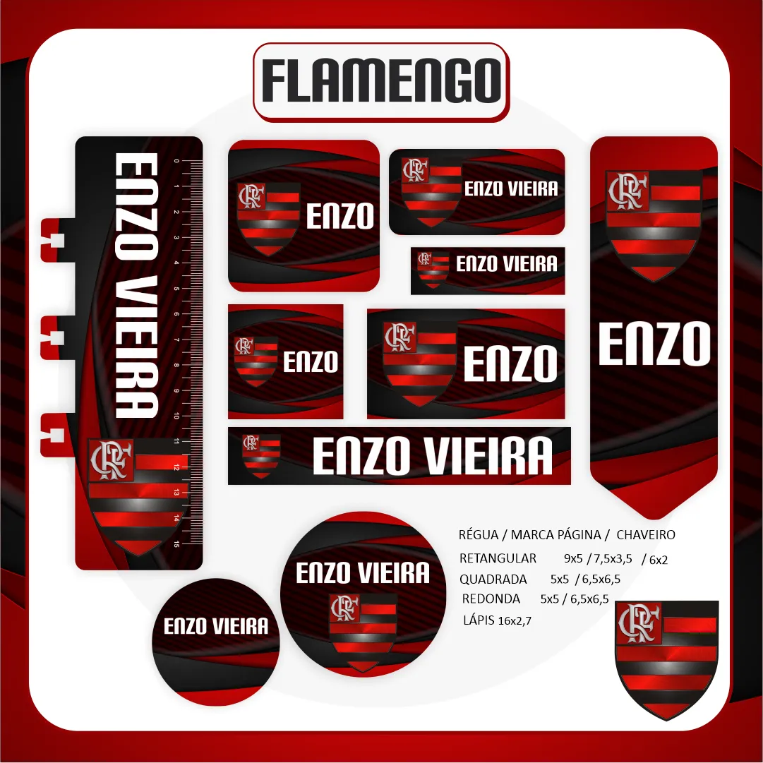 Kit de adesivos escolares do Flamengo nos formatos Studio, PNG, CDR e PDF em alta resolução com escudo e elementos do time.