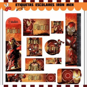 Cartela de adesivos escolares do Homem de Ferro nos formatos Studio, PNG e PDF em alta resolução com elementos da armadura.