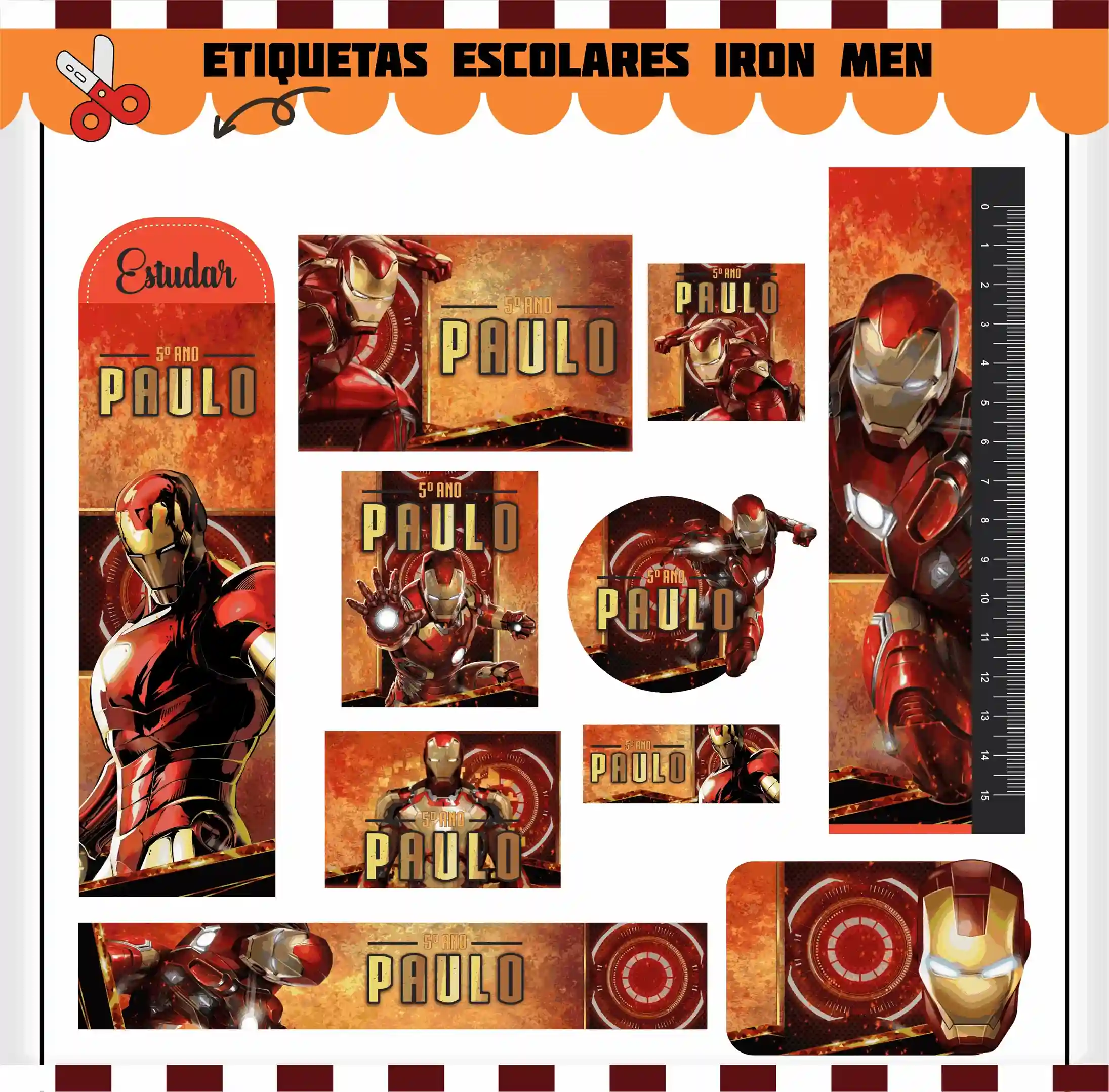 Cartela de adesivos escolares do Homem de Ferro nos formatos Studio, PNG e PDF em alta resolução com elementos da armadura.