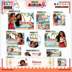 Cartela de adesivos escolares no tema Moana nos formatos Studio, PNG, CDR e PDF em alta resolução para cadernos.