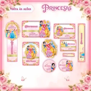 Cartela de adesivos escolares no tema Princesas Disney nos formatos Studio e PDF em alta resolução para impressão.