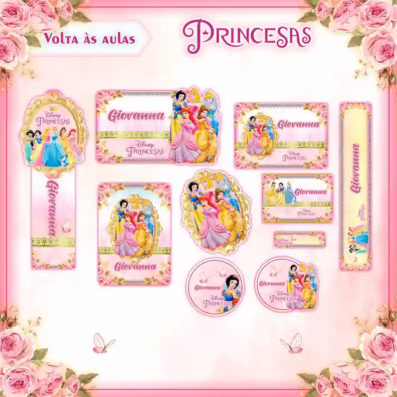 Cartela de adesivos escolares no tema Princesas Disney nos formatos Studio e PDF em alta resolução para impressão.