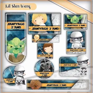 Cartela de adesivos escolares tema Star Wars nos formatos Studio, PNG, CDR e PDF em alta resolução para cadernos.