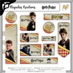 Cartela de adesivos escolares no tema Harry Potter nos formatos Studio, PNG e PDF em alta resolução com o bruxinho e magia.
