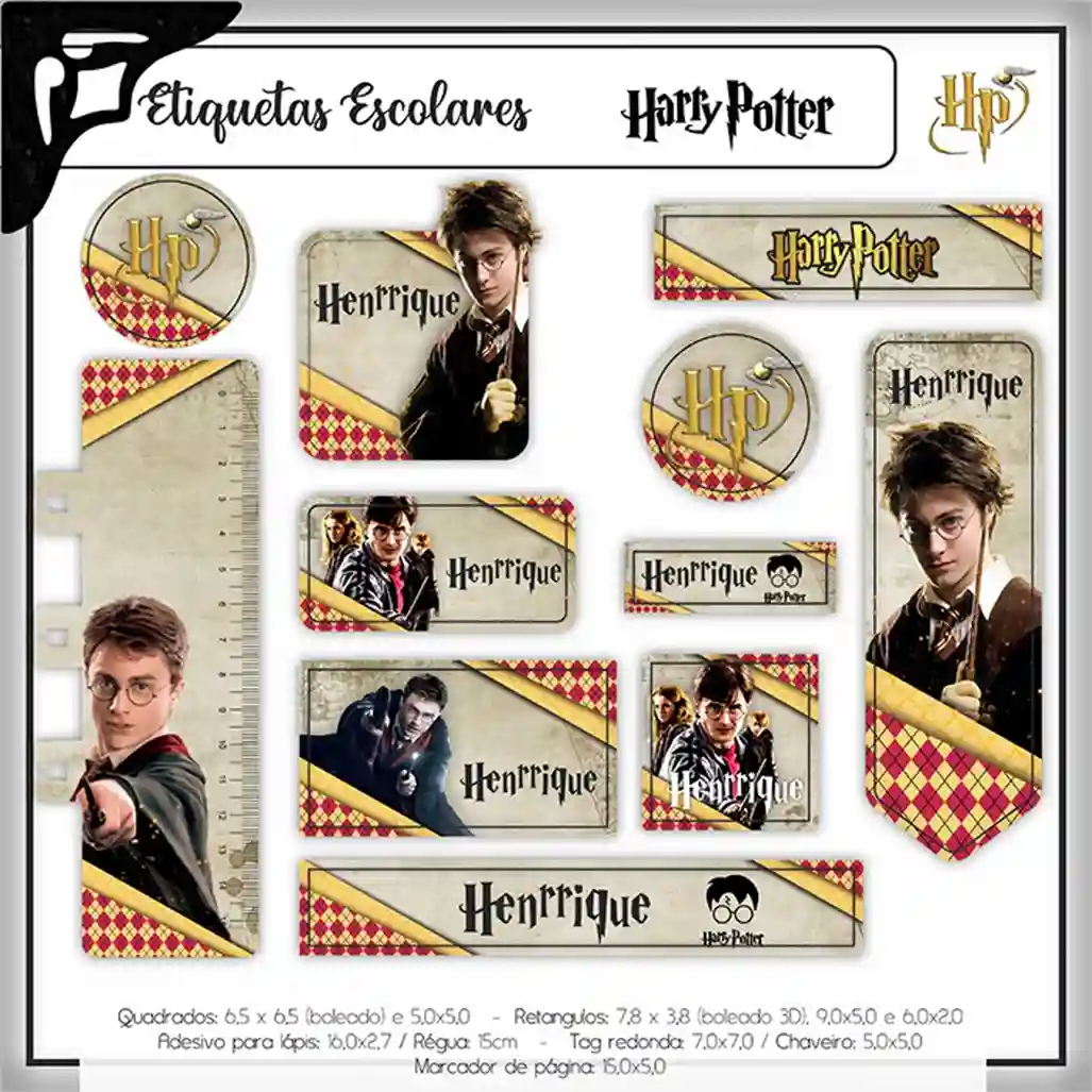 Cartela de adesivos escolares no tema Harry Potter nos formatos Studio, PNG e PDF em alta resolução com o bruxinho e magia.