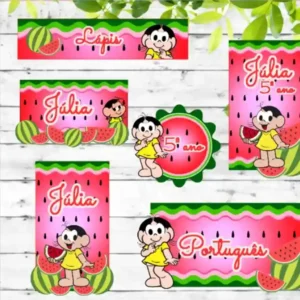 Cartela de adesivos escolares personalizados tema Magali nos formatos Studio e PDF em alta resolução para cadernos.