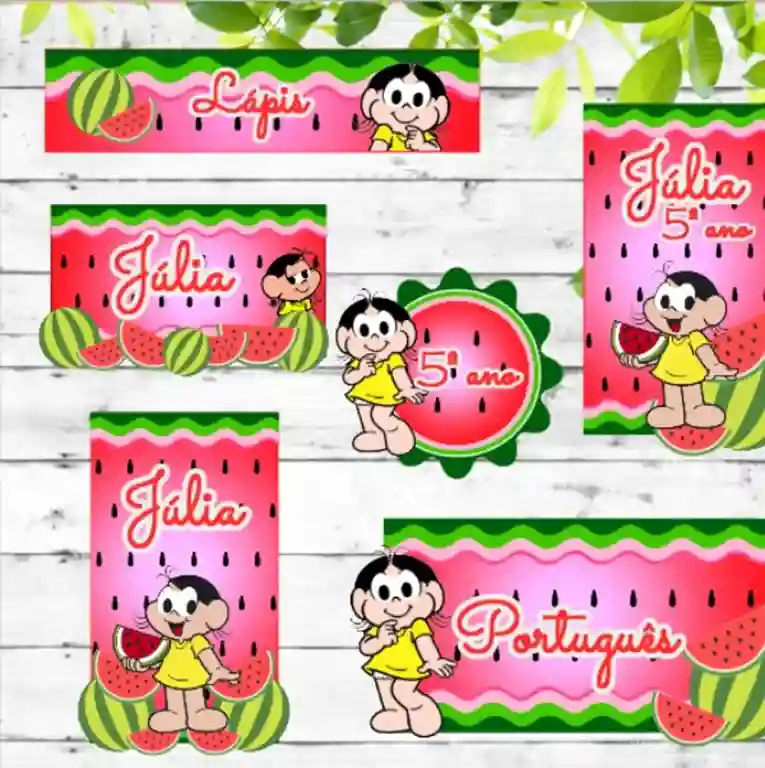 Cartela de adesivos escolares personalizados tema Magali nos formatos Studio e PDF em alta resolução para cadernos.