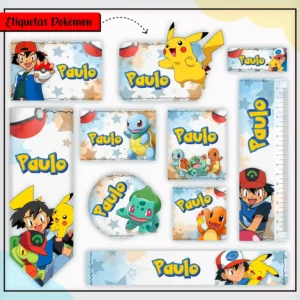 Cartela de adesivos escolares no tema Pokemon nos formatos Studio, CDR, PNG e PDF em alta resolução com Pokebolas e Pikachu.