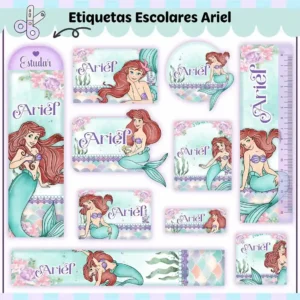 Cartela de adesivos escolares no tema Ariel nos formatos Studio, PNG e PDF em alta resolução com a sereia e fundo do mar.