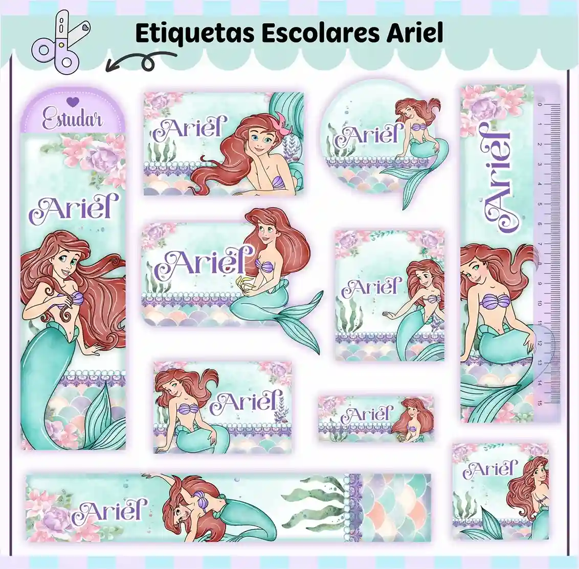 Cartela de adesivos escolares no tema Ariel nos formatos Studio, PNG e PDF em alta resolução com a sereia e fundo do mar.