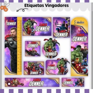 Cartela de adesivos escolares do Vingadores nos formatos Studio, PNG, CDR e PDF em alta resolução com os heróis da Marvel.