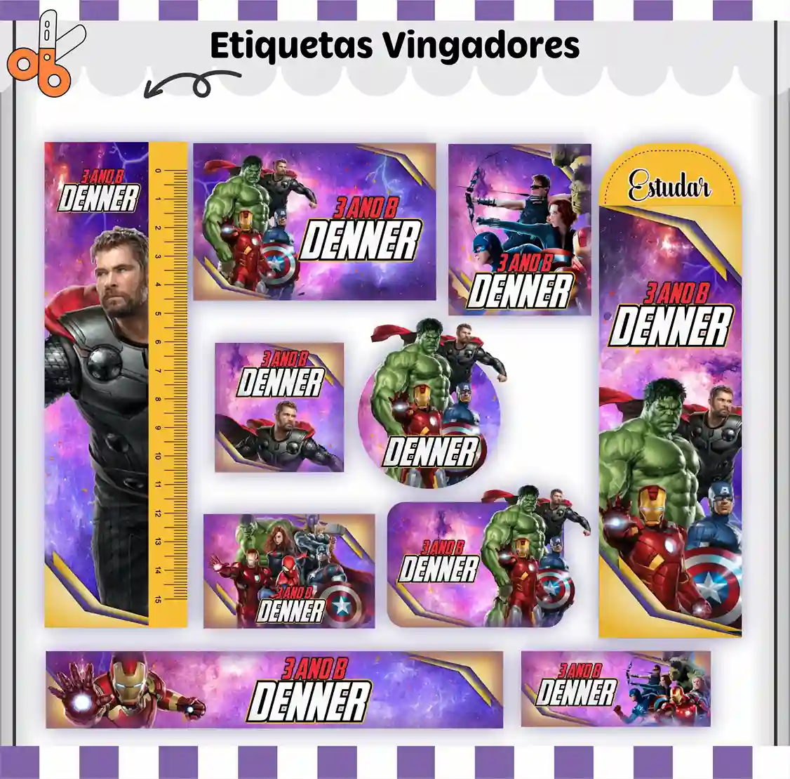 Cartela de adesivos escolares do Vingadores nos formatos Studio, PNG, CDR e PDF em alta resolução com os heróis da Marvel.