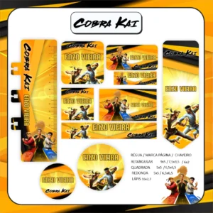 Cartela de adesivos escolares no tema Cobra Kai nos formatos Studio, PNG e PDF em alta resolução com elementos de artes marciais.
