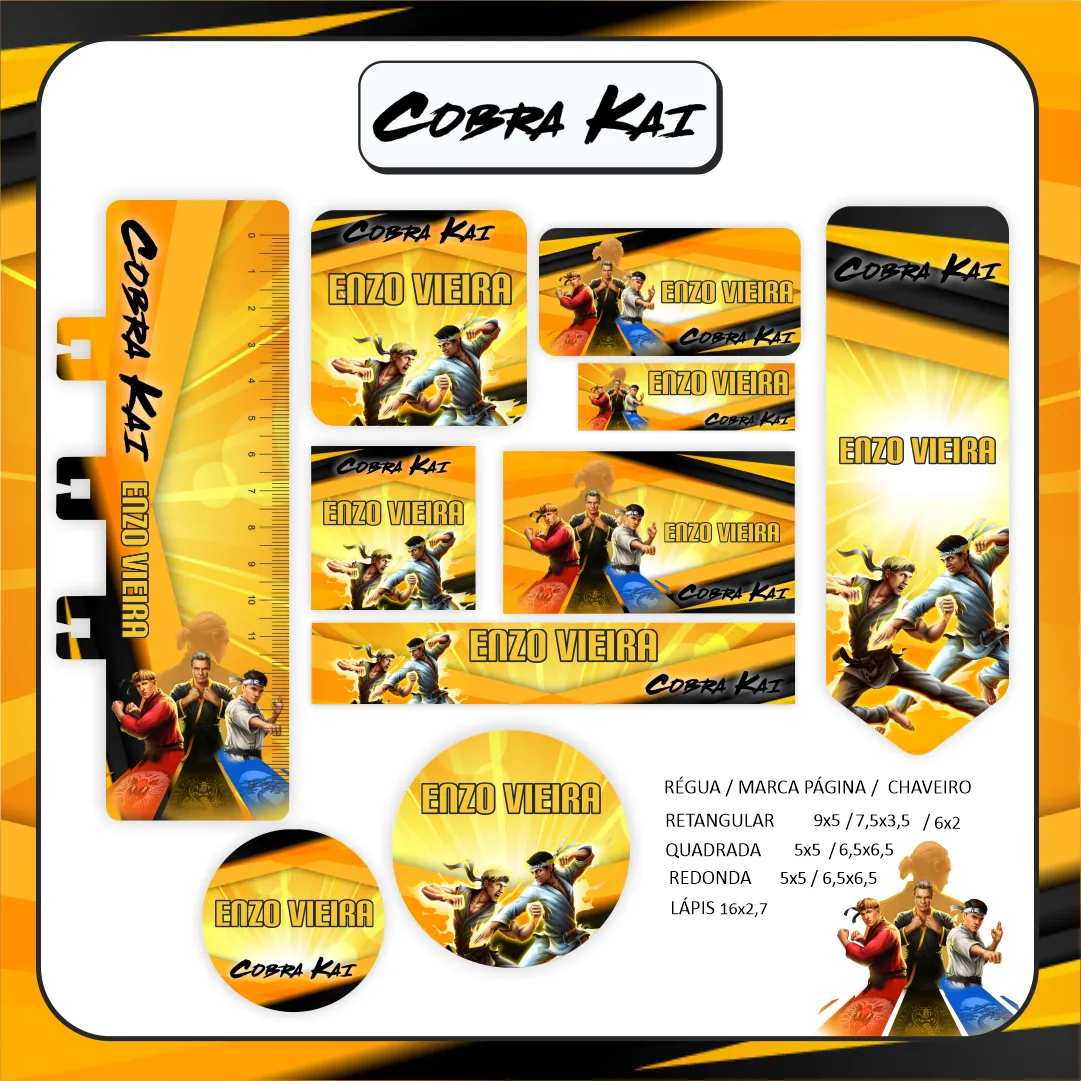 Cartela de adesivos escolares no tema Cobra Kai nos formatos Studio, PNG e PDF em alta resolução com elementos de artes marciais.