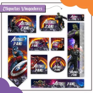 Cartela de adesivos escolares no tema Vingadores nos formatos Studio, PNG e PDF em alta resolução com os heróis da Marvel.