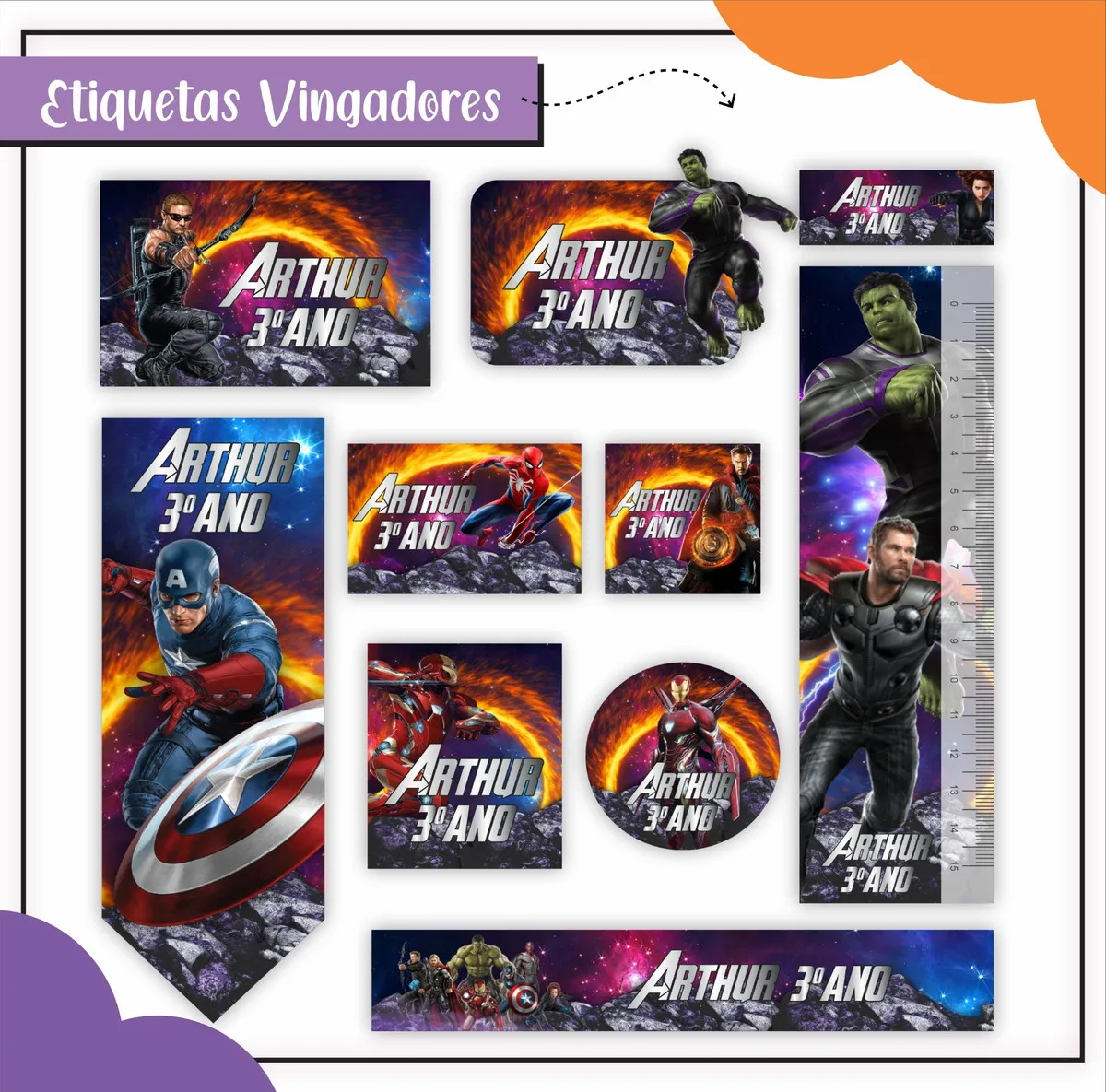 Cartela de adesivos escolares no tema Vingadores nos formatos Studio, PNG e PDF em alta resolução com os heróis da Marvel.
