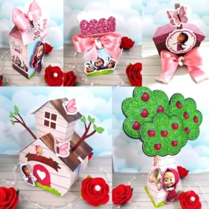 Elementos e caixas personalizadas no tema Masha e o Urso. Arquivo de corte digital nos formatos Silhouette Studio e para impressão em PDF.