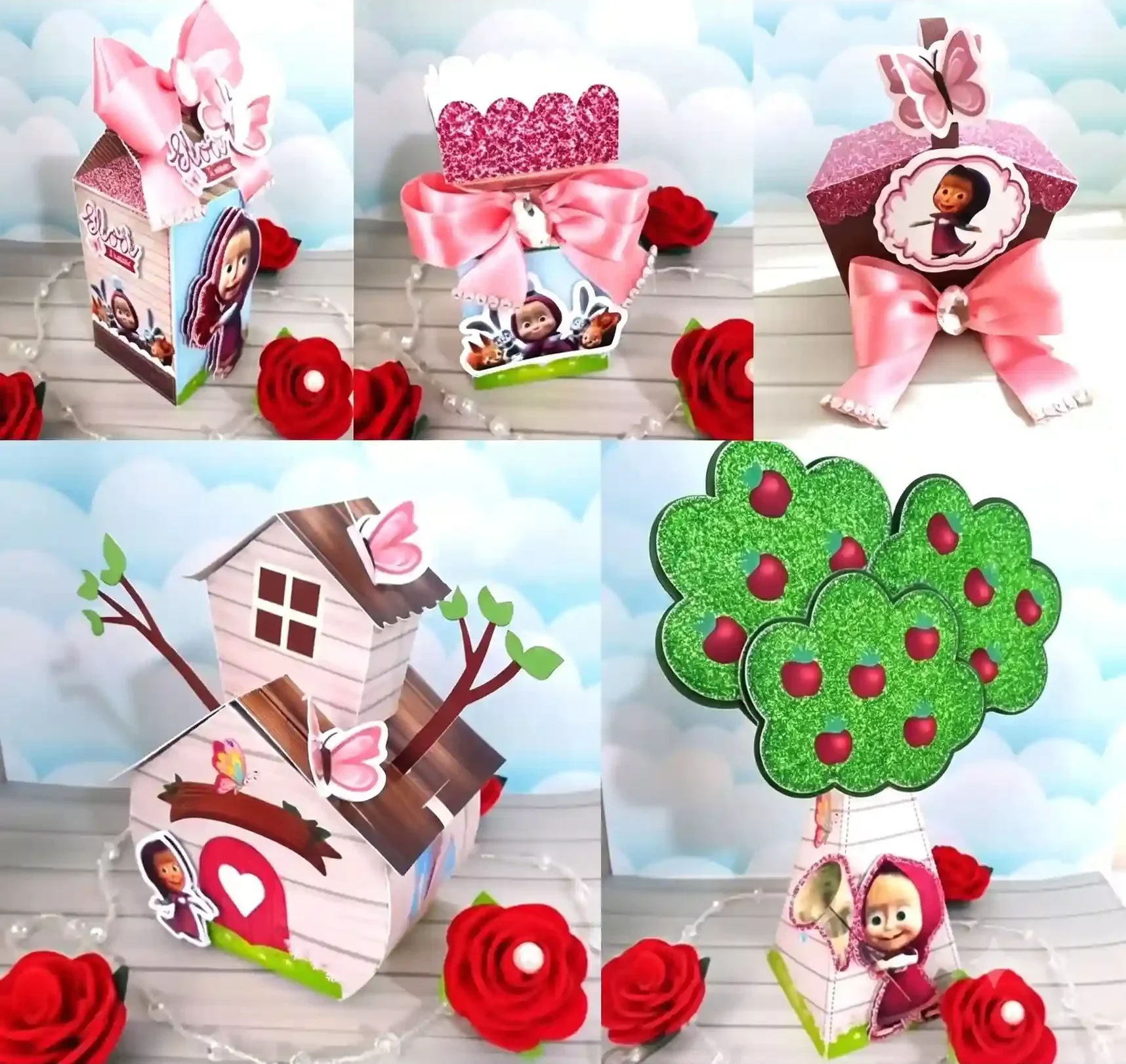 Elementos e caixas personalizadas no tema Masha e o Urso. Arquivo de corte digital nos formatos Silhouette Studio e para impressão em PDF.