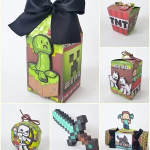 Caixa personalizada para mimos e doces tema blocos verdes e creeper. Arquivo digital de corte para o software Silhouette Studio, formato PNG e PDF.