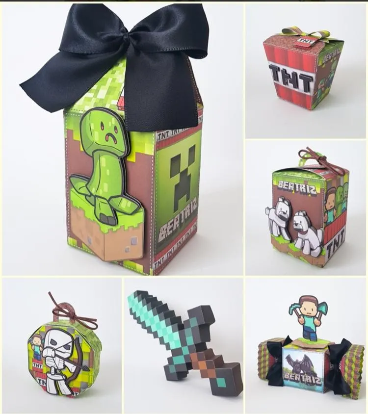 Caixa personalizada para mimos e doces tema blocos verdes e creeper. Arquivo digital de corte para o software Silhouette Studio, formato PNG e PDF.