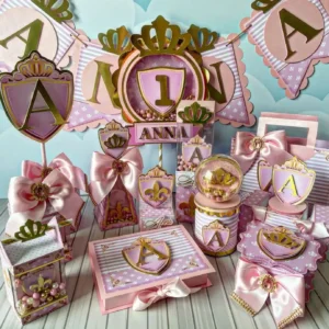 Kit de artes e moldes de caixas para doces de aniversário infantil de Realeza. Arquivo digital em alta qualidade nos formatos Studio, PNG e PDF.