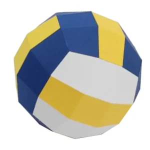 Arquivo de corte digital de bola de vôlei em 3D nos formatos Studio, SVG e DXF, mostrando os gomos curvos e entrelaçados estruturados em camadas prontas para montagem tridimensional.