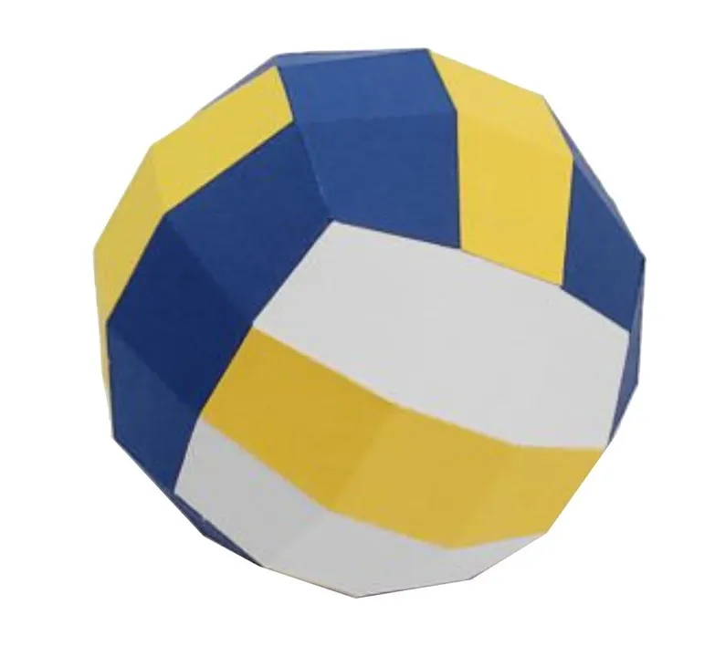 Arquivo de corte digital de bola de vôlei em 3D nos formatos Studio, SVG e DXF, mostrando os gomos curvos e entrelaçados estruturados em camadas prontas para montagem tridimensional.