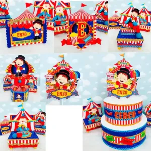 opper de bolo e lembrancinhas de papelaria para festa tema circo azul. Arquivo digital de corte compatível com software Silhouette Studio e PDF.