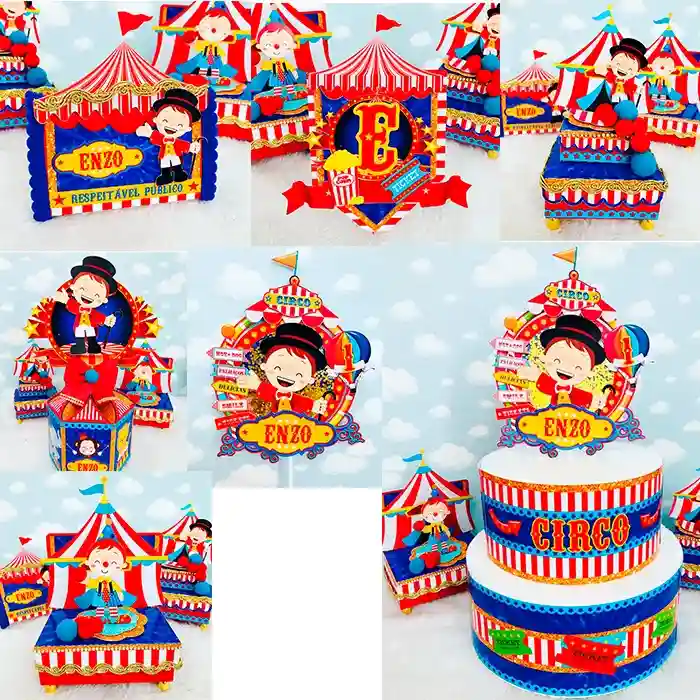 opper de bolo e lembrancinhas de papelaria para festa tema circo azul. Arquivo digital de corte compatível com software Silhouette Studio e PDF.