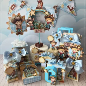 Lembrancinha personalizada de aniversário no tema cowboy com chapéu e botas. Arquivo de corte digital nos formatos Silhouette Studio, PNG e PDF.