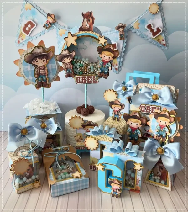 Lembrancinha personalizada de aniversário no tema cowboy com chapéu e botas. Arquivo de corte digital nos formatos Silhouette Studio, PNG e PDF.