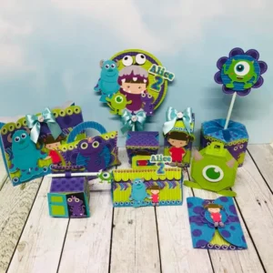 Kit de artes e moldes de caixas para doces de aniversário com a Boo e os monstros. Arquivo digital de alta qualidade nos formatos Studio e PDF.