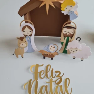 Topper de bolo personalizado com cena do presépio de Natal e Sagrada Família. Arquivo de corte digital para Silhouette Studio para decoração de festa.