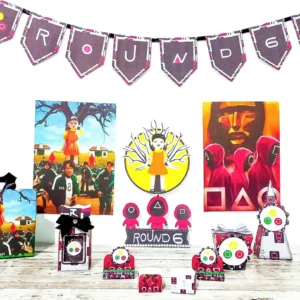 Arquivo de corte digital do tema Round 6 em formato Studio para Silhouette, exibindo a boneca gigante do jogo Batatinha Frita 123, os guardas com máscaras de quadrado, círculo e triângulo, e o logotipo da série estruturados em camadas prontas para recorte tridimensional.