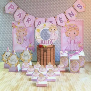 Lembrancinha personalizada de batizado de menina com detalhes de anjinho e floral delicado. Arquivo de corte digital em Studio, PNG e arquivo PDF.