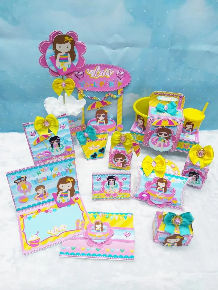 Topper para imprimir com tema pool party menina molde de papelaria e arquivo de corte para editar no silhouette studio