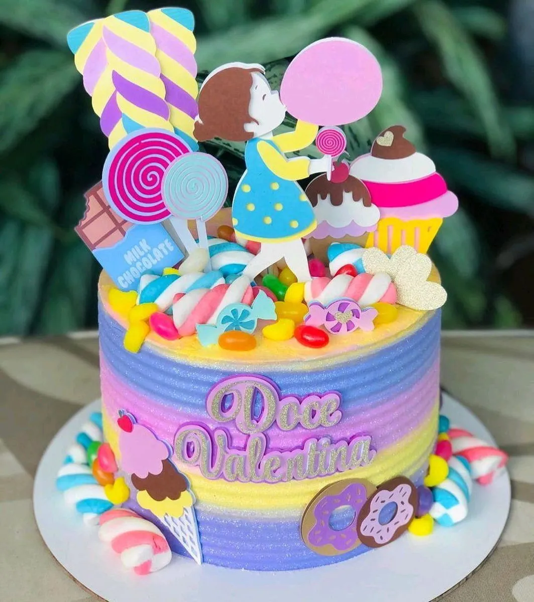 Topper de bolo personalizado no tema guloseimas e doces. Arquivo de corte digital exclusivo para Silhouette Studio, ideal para decoração de festa.