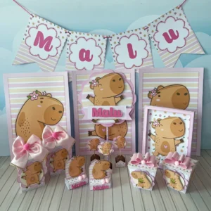 Topper de bolo e itens de papelaria para festa tema capivara. Arquivo digital de corte compatível com Silhouette Studio, formato PDF e PNG.