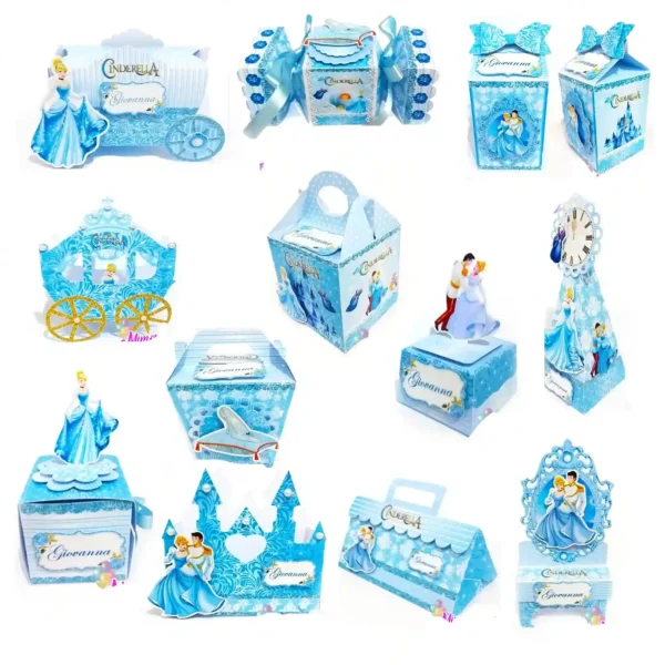 Arquivo de corte digital do tema Cinderela em formato Studio para Silhouette, mostrando a princesa com seu clássico vestido azul de baile, a carruagem de abóbora dourada, o sapatinho de cristal e o castelo ao fundo, dispostos em camadas prontas para recorte tridimensional.