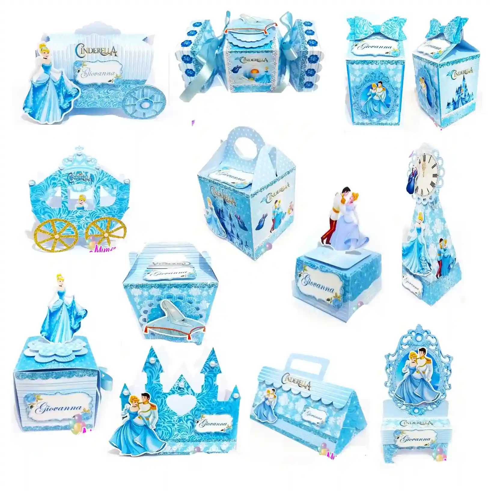 Arquivo de corte digital do tema Cinderela em formato Studio para Silhouette, mostrando a princesa com seu clássico vestido azul de baile, a carruagem de abóbora dourada, o sapatinho de cristal e o castelo ao fundo, dispostos em camadas prontas para recorte tridimensional.