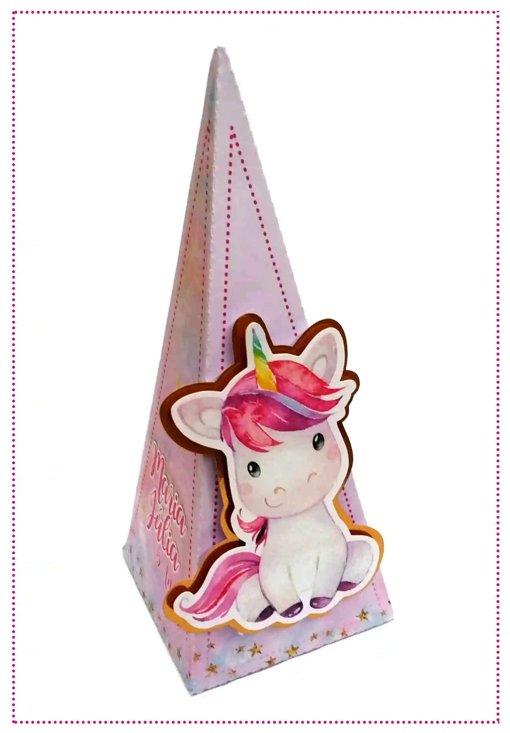 Visualização de camadas no Silhouette Studio do topo de bolo Unicórnio fofo com silhueta de unicórnio deitado em uma nuvem, estrelas cadentes brilhantes e fontes personalizadas prontas para edição.