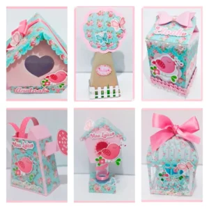 Caixa personalizada para lembrancinha no tema jardim encantado com passarinho rosa. Arquivo de corte digital configurado para Silhouette Studio.