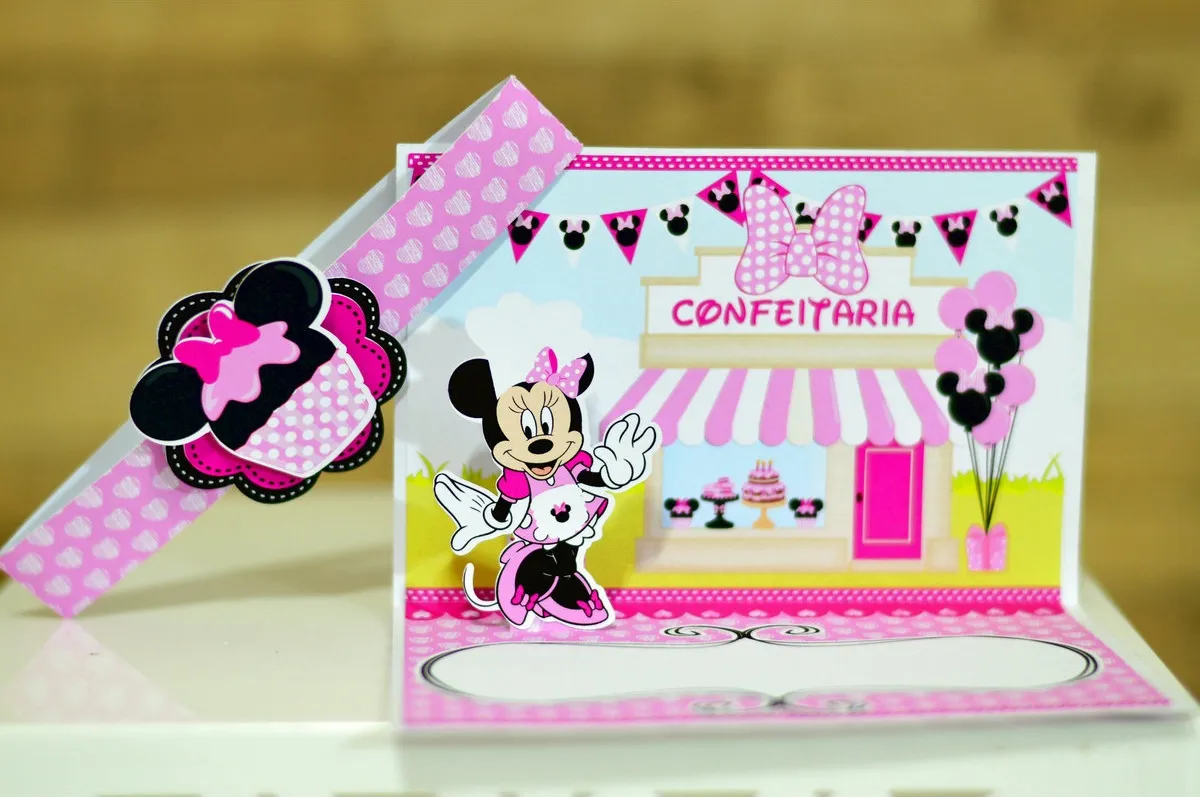 Elementos decorativos de aniversário com temática de doces e avental rosa da Minnie. Arquivo de corte digital nas extensões PDF e Silhouette Studio.