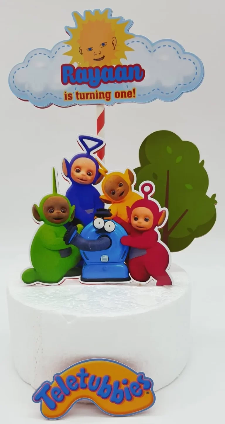 Maquete digital de caixas personalizadas e elementos decorativos de festa infantil do tema Teletubbies com linhas de vinco e antenas características prontas para recortar.