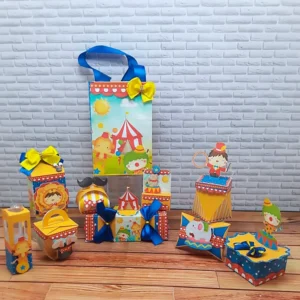 Kit de recortes e caixas pirâmide para festa do tema circo. Arquivo digital de corte em alta resolução configurado para o software Silhouette Studio.