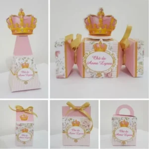 Caixa personalizada com coroa real e detalhes luxuosos em camadas de papel. Arquivo de corte digital configurado para o software Silhouette Studio.